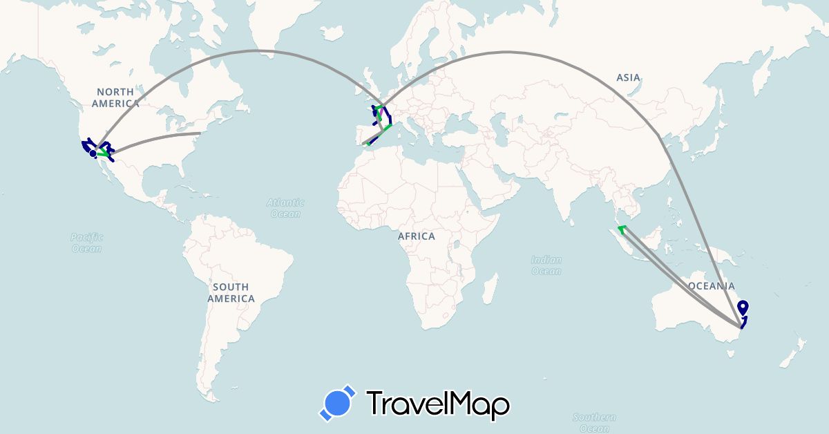 TravelMap itinerary: driving, bus, plane, train, boat in Australia, China, Spain, France, Malaysia, United States (Asia, Europe, North America, Oceania)